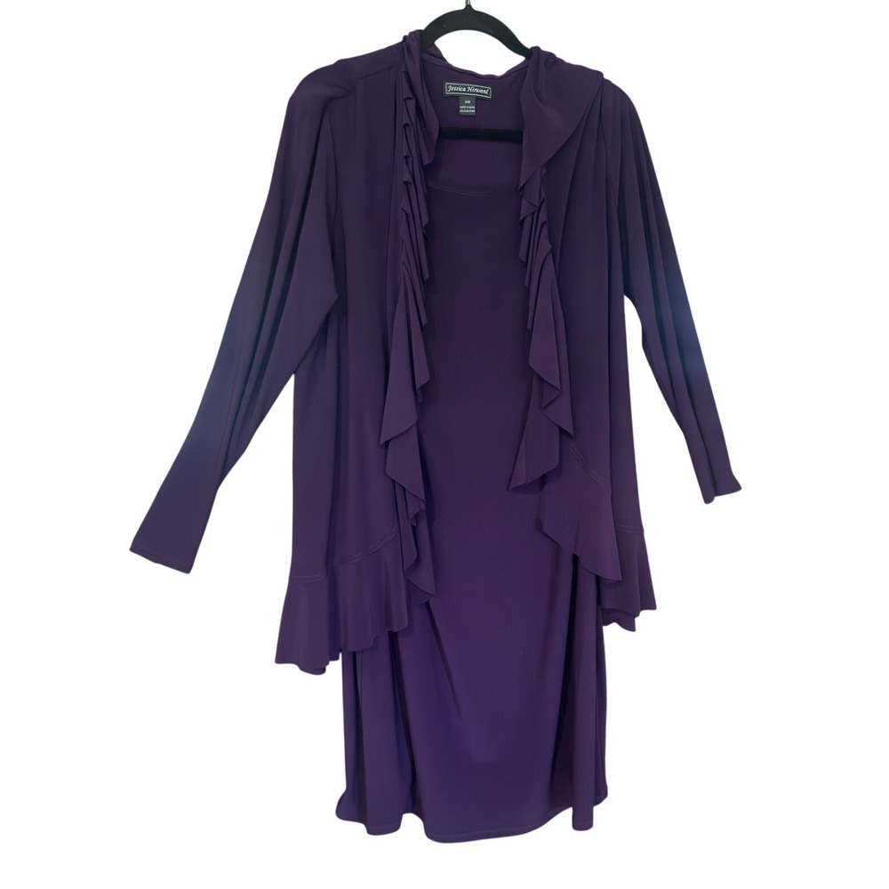 Jessica Howard Dress Jacket Set Womens 10 Purple Ruffle Matte Jersey 2 Piece